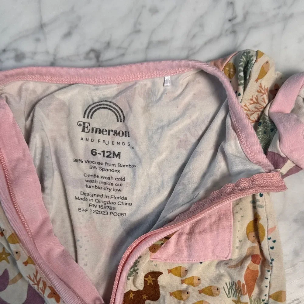 Emerson and Co Bamboo Mermaid Print Kids One Piece Sleeper Sz 6-12 Mo